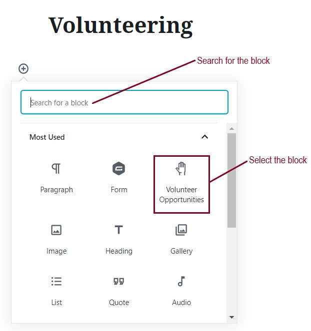 A screenshot of a volunteering block highlighting the search form field and Volunteer Opportunities button