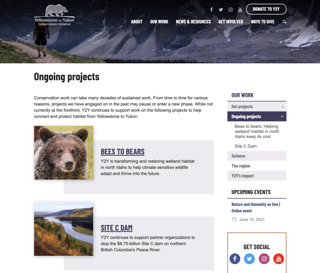 Screenshot of Yellowstone to Yukon Projects page