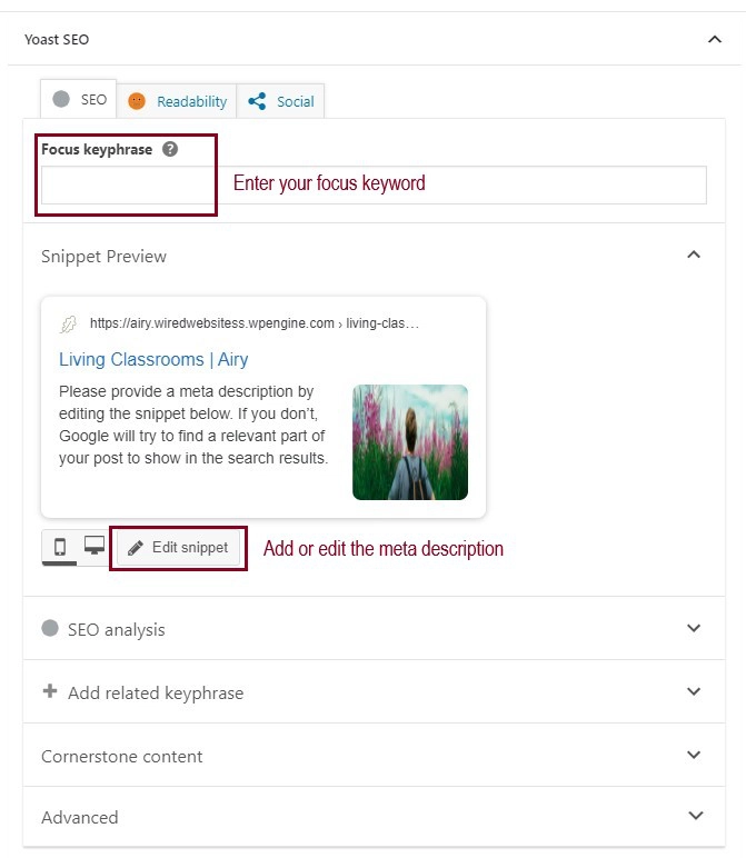 A screenshot of the Yoast SEO section of a page in the back end of a website, highlighting the Focus Keyphrase field and the Edit Snippet button