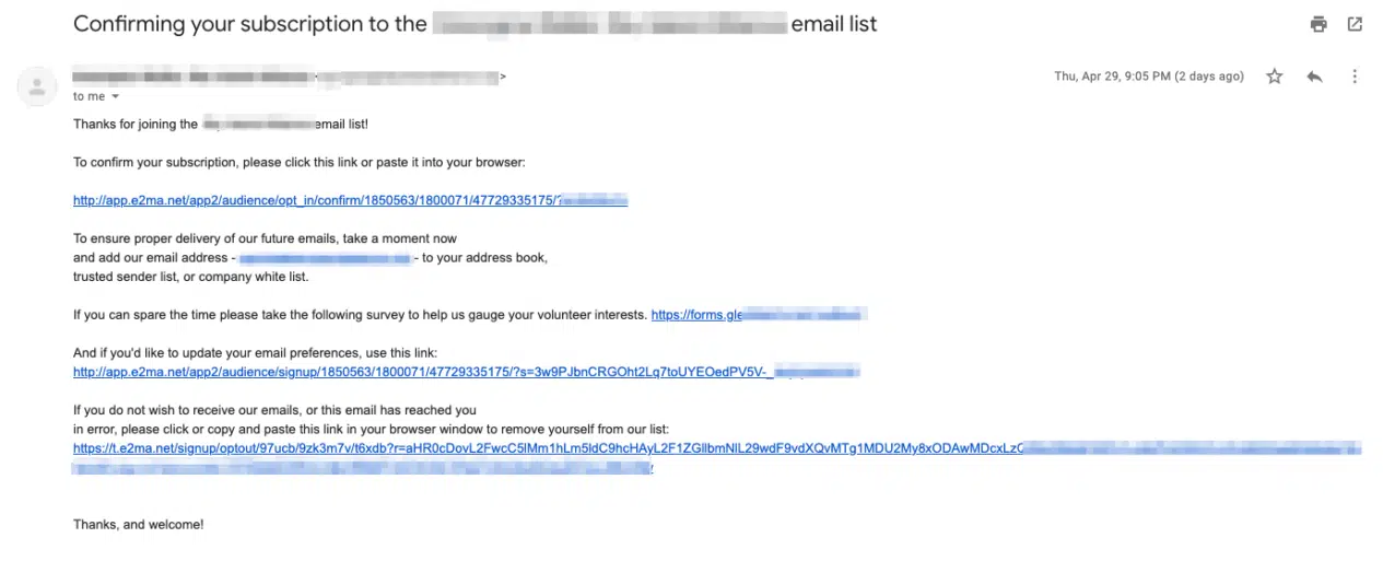 Screenshot of an email with URLs pasted in plain text