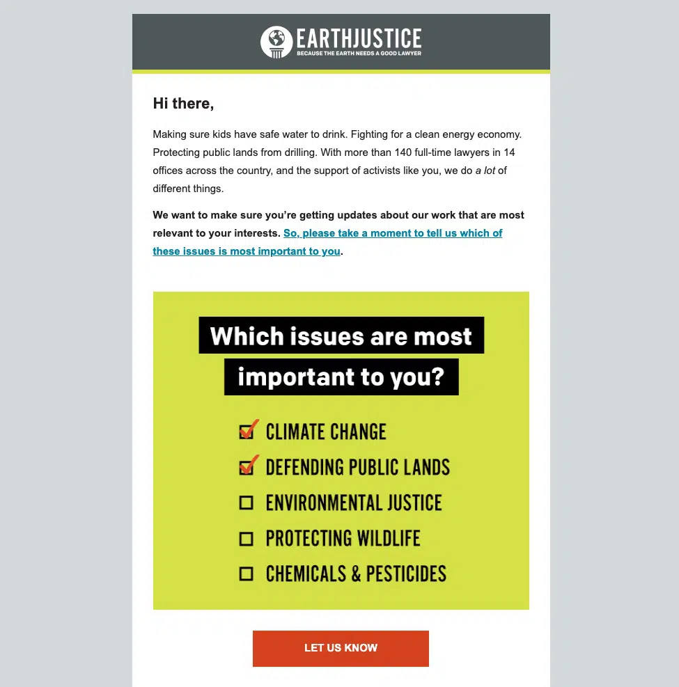 Screenshot of a survey email from EarthJustice