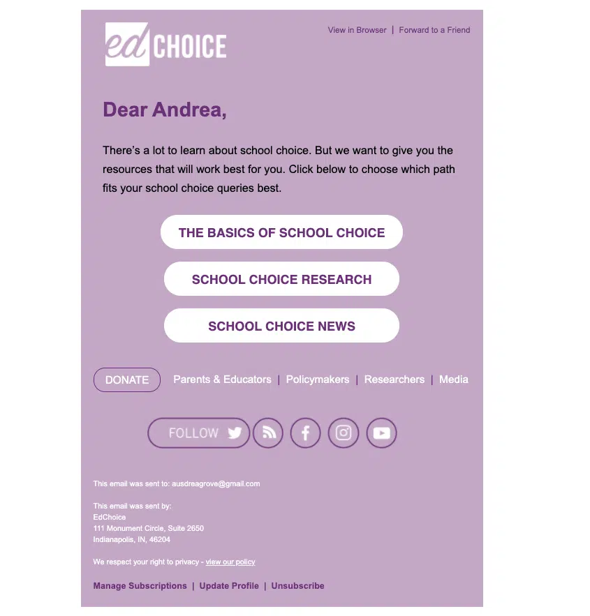 Screenshot of an email survey from EdChoice