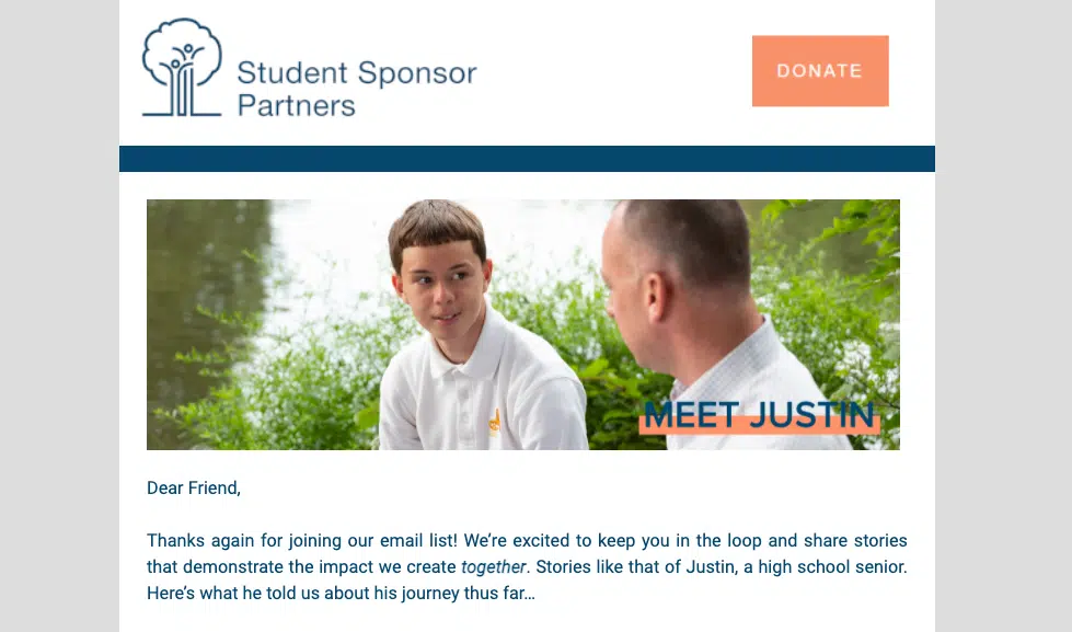 Screenshot of an email including a story from Student Sponsor Partners