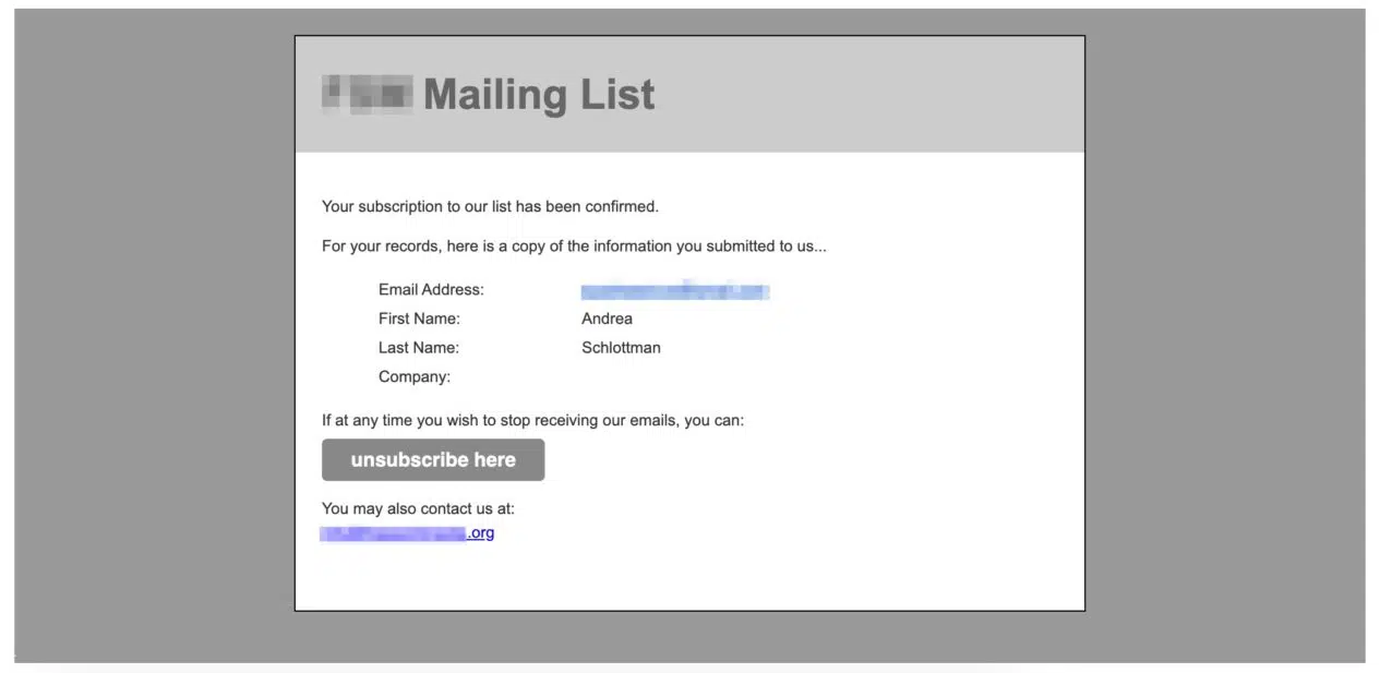 Screenshot of an email using MailChimp default message