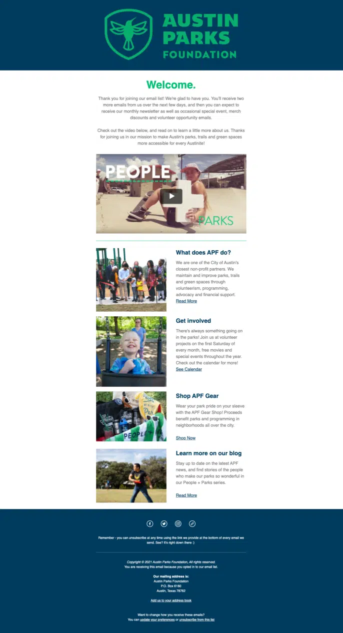 Screenshot of an Austin Parks Foundation welcome email
