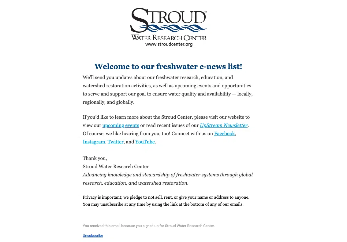 Screenshot of a Stroud Water Research Center welcome email
