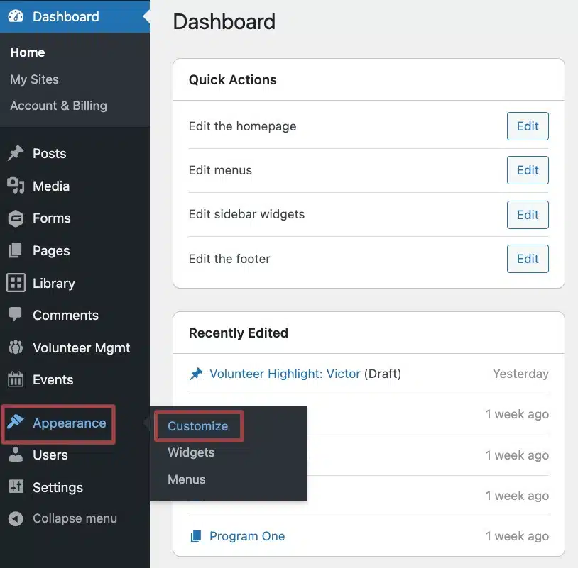 A screenshot of the Dashboard in the back end of a website, highlighting the Appearance and Customize  Section in the admin menu