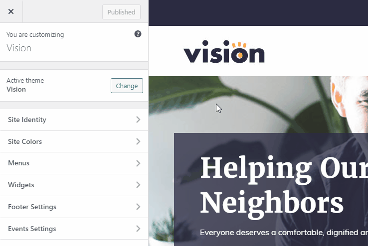 A Gif showing the Customizer menu options in the back end of a Vision theme website