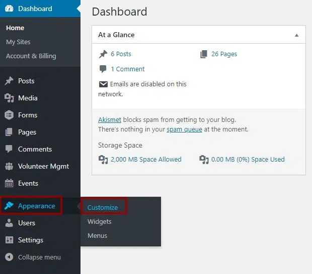 A screenshot of the Dashboard in the back end of a website, highlighting the Appearance and Customize  Section in the admin menu