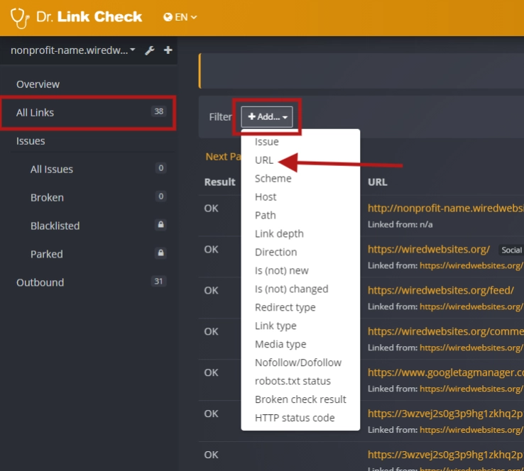 A screenshot of the Dr. Link Check page highlighting the All Links section, the Add button and the URL item in the drop down menu