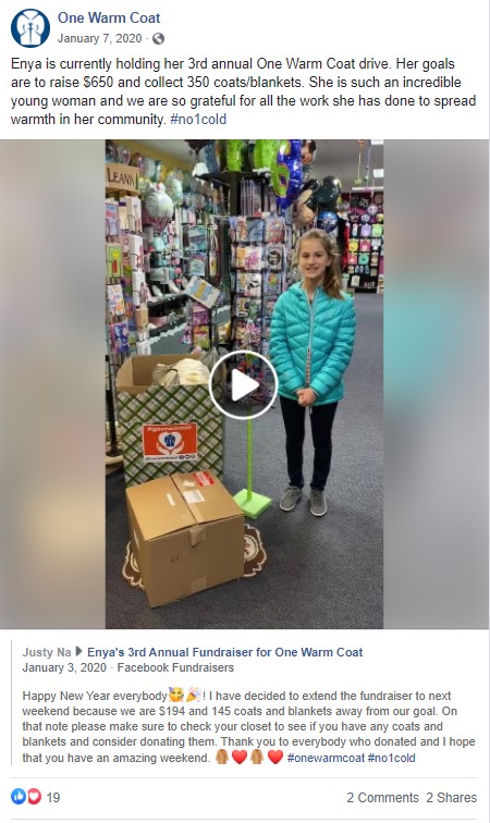 Screenshot of a Facebook post from One Warm Coat