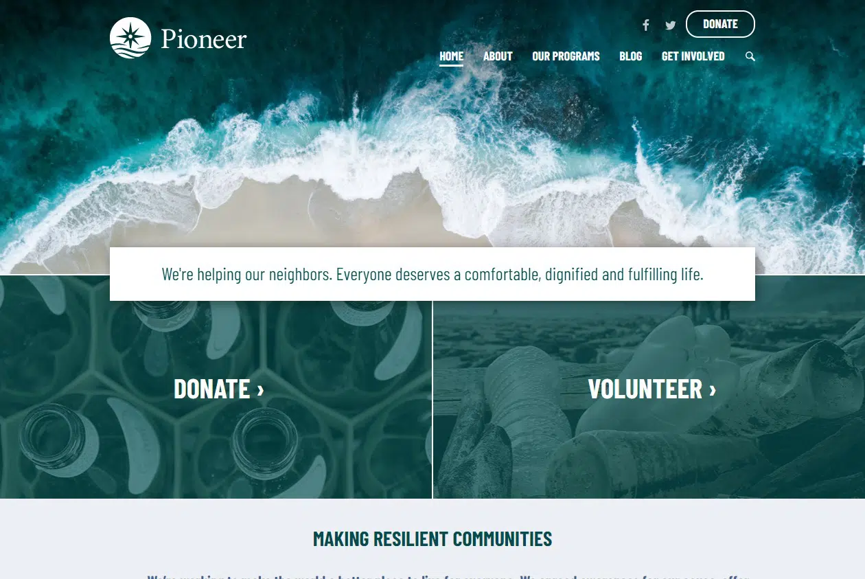 A screenshot of the Pioneer theme homepage
