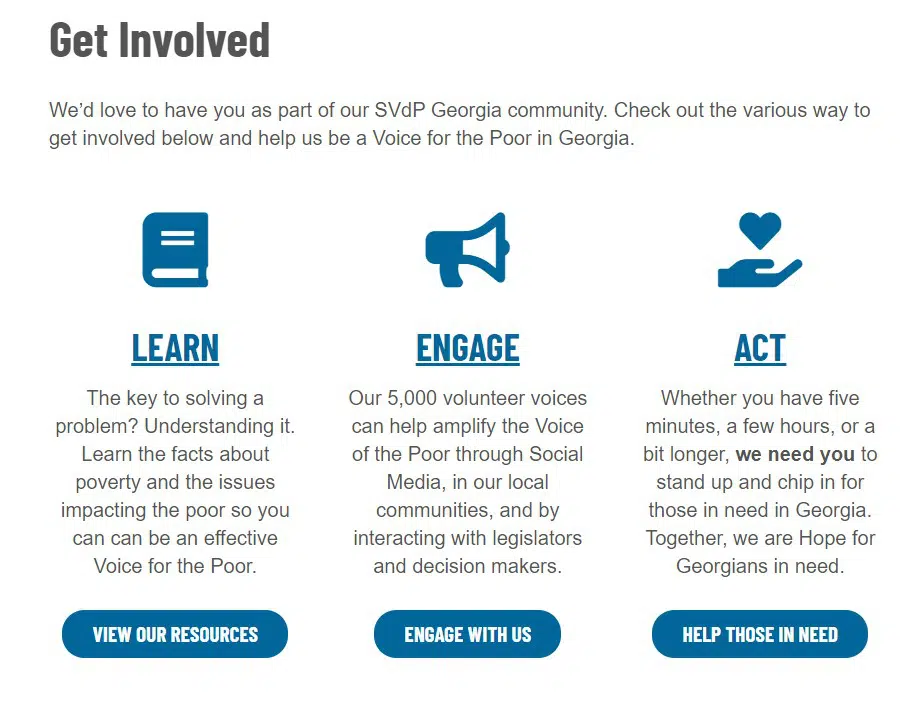 Screenshot of the Get Involved page on the St. Vincent de Paul Georgia website