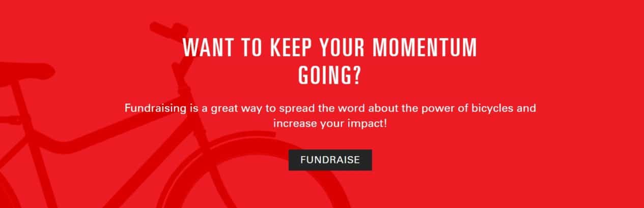 Screenshot of the World Bicycle Relief call to action on their Thanks for Donating page