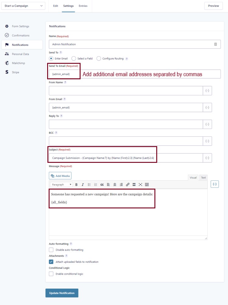 A screenshot of the Notifications settings highlighting Send To Email, Subject and Message fields