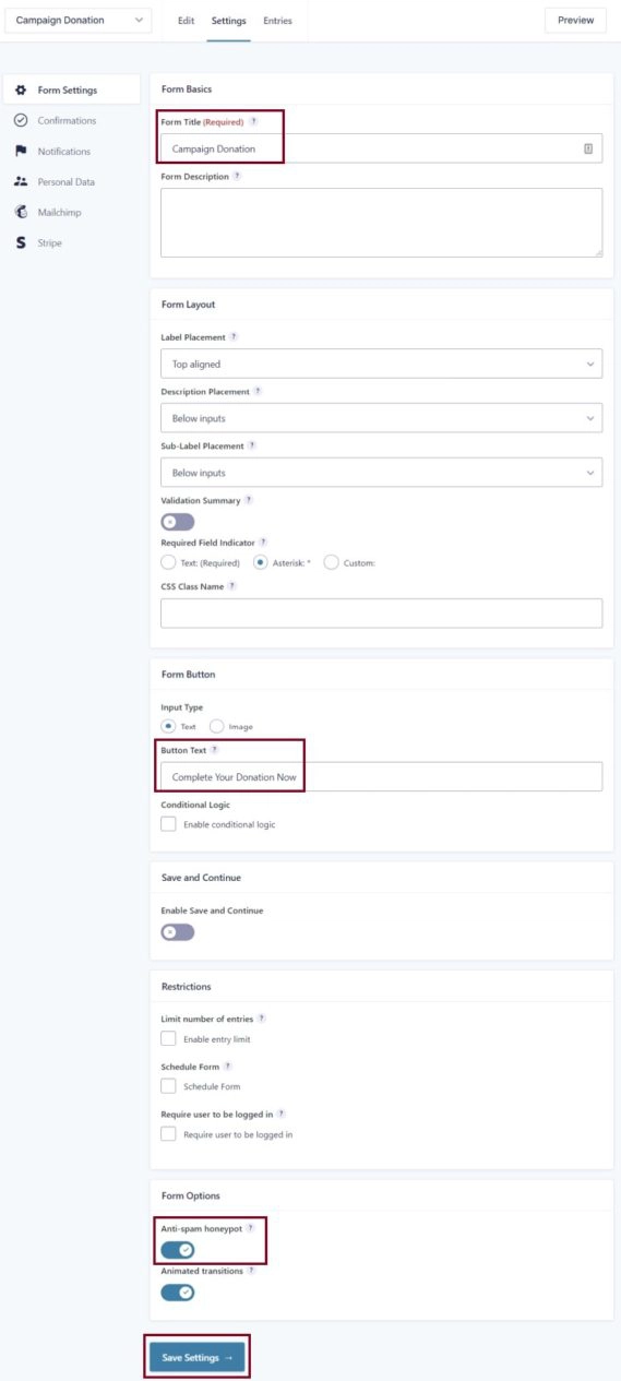 A screenshot of the Form Settings option, highlighting the Form Title field,  Button Text field, Anti-spam honeypot field and the Save Settings button.
