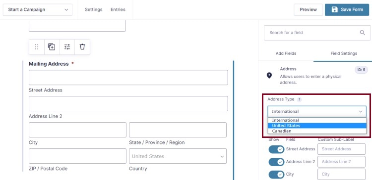 A screenshot of the Mailing Address field settings, highlighting the Address Type drop down list