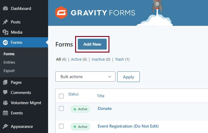 A screenshot of the Forms section in the admin menu highlighting the Add New button in the Forms page