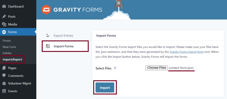 A screenshot of the Import forms option of the forms section in the back end of a website highlighting the Import button