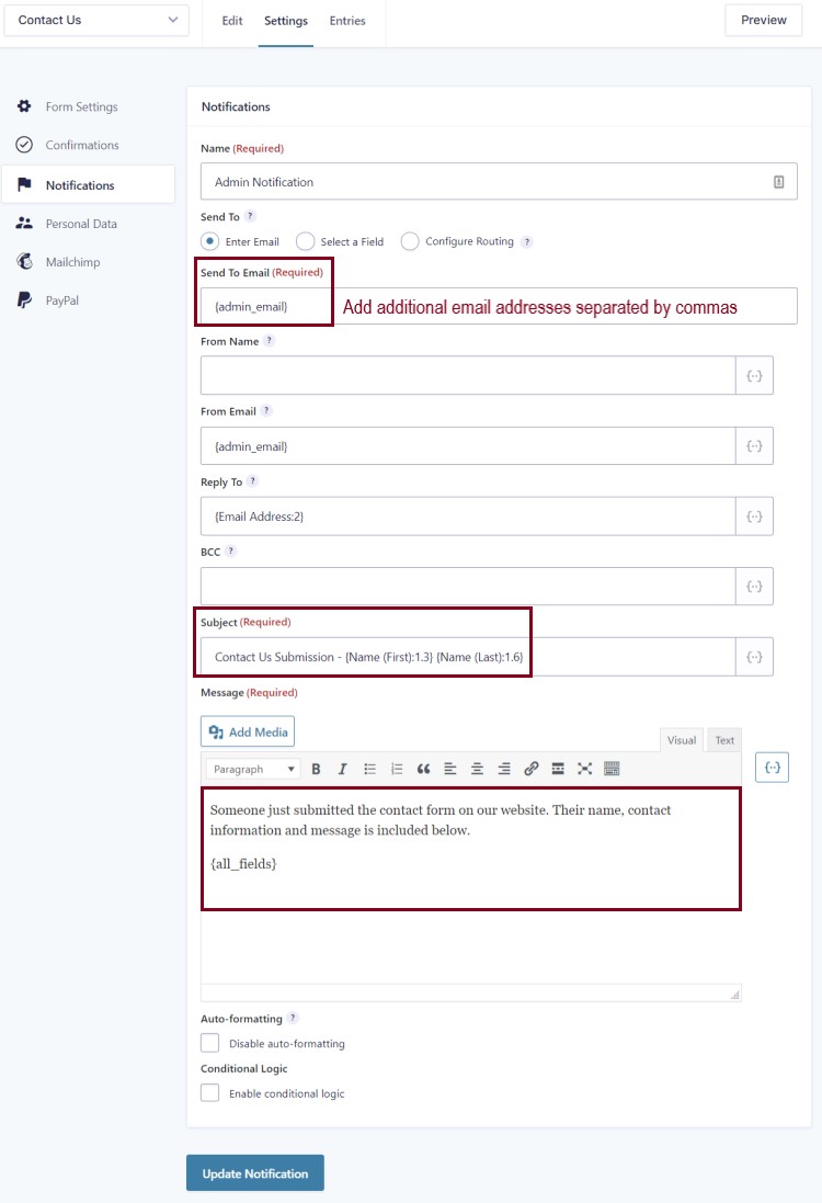A screenshot of the Notifications section in the Form settings highlighting Send To Email, Subject and Message 