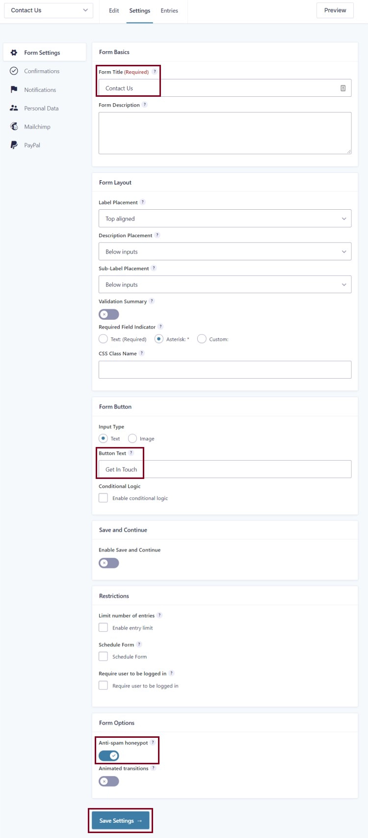 A screenshot of the Form Settings section highlighting Form Title, Button Text, Anti-spam honeypot and Save Settings