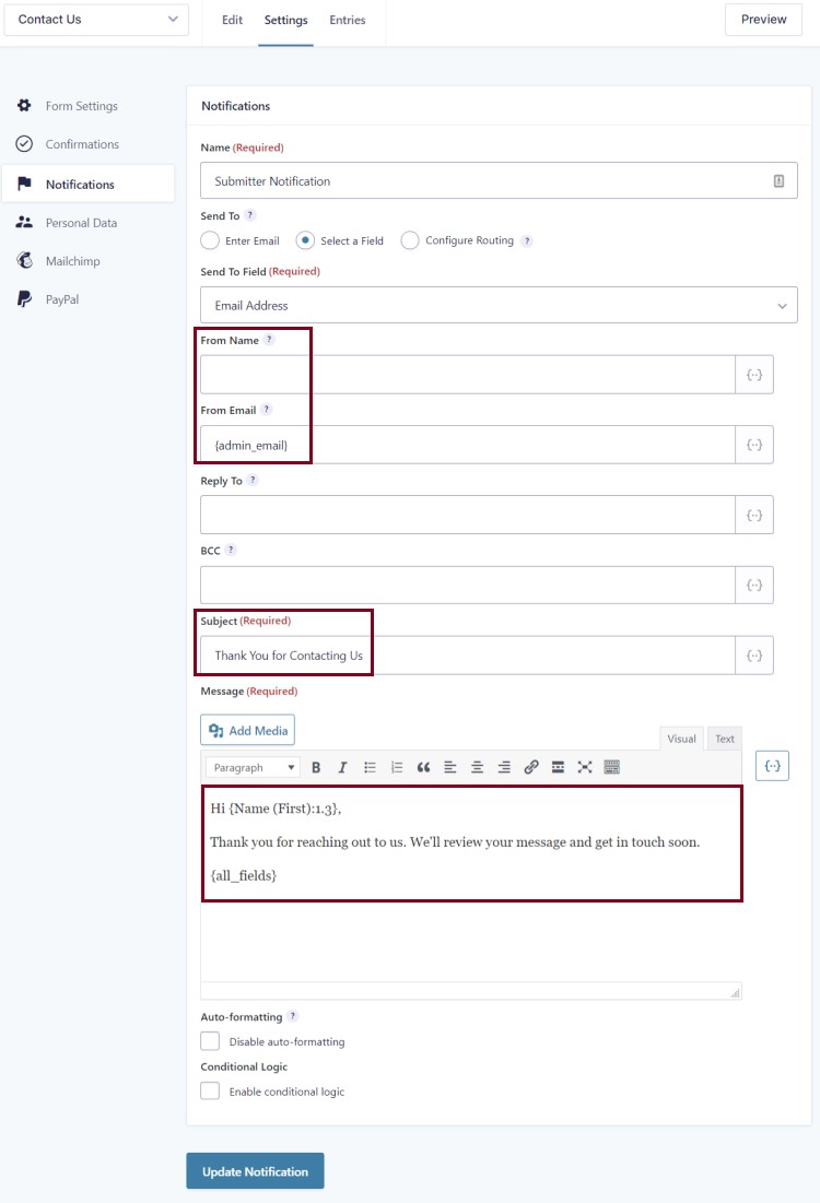 A screenshot of the Notifications section in the Form settings highlighting the From Name, From Email, subject and message fields