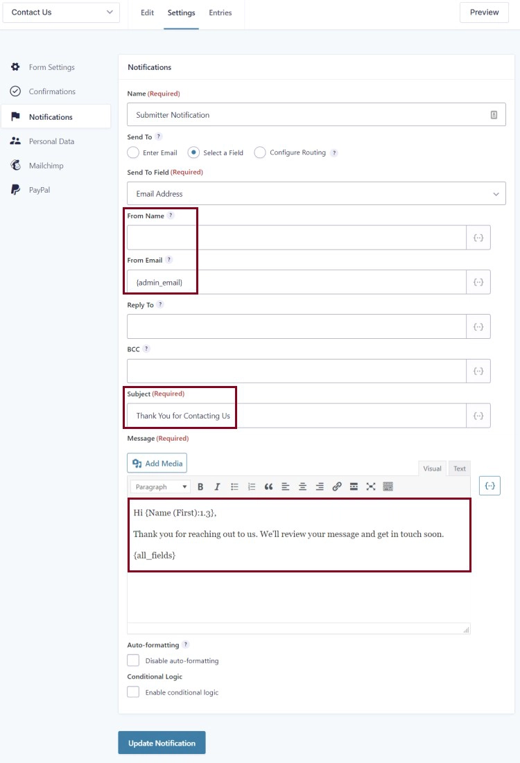 A screenshot of the Notifications section in the Form settings highlighting the From Name, From Email, subject and message fields