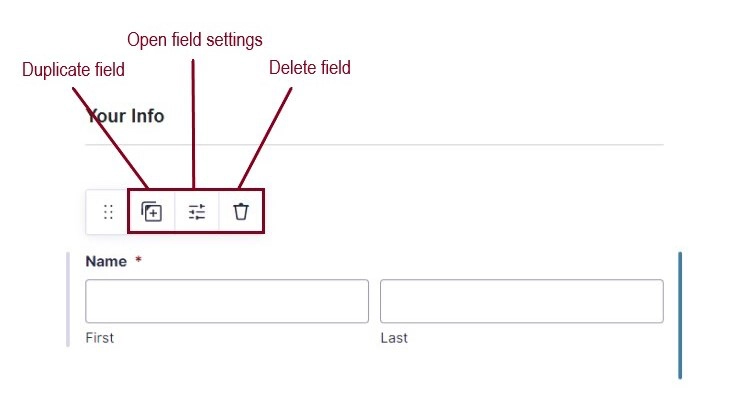 A screenshot of a selected field in a form, highlighting the settings icons above it