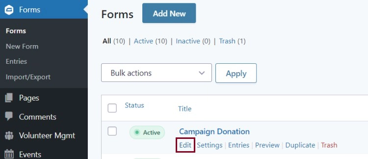 A screenshot of the Forms section highlighting the Edit hyperlink under the Campaign Donation form