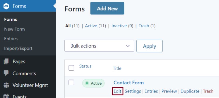 A screenshot of the Forms section in the backend of a website, highlighting the edit hyperlink below a Contact form