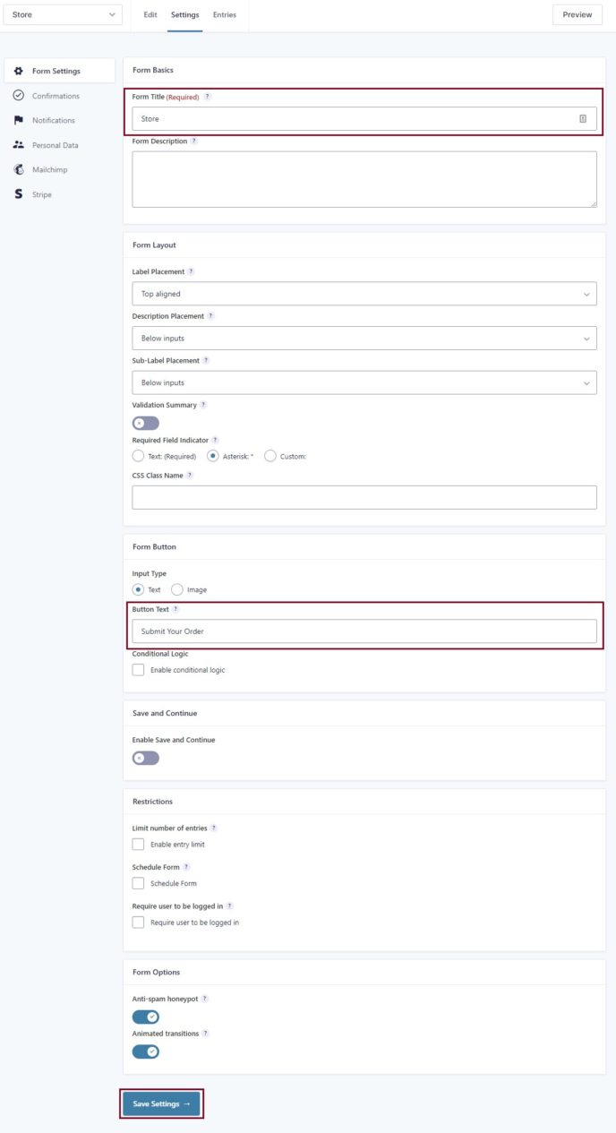 A screenshot of a Form settings page highlighting the Form Title field. Button Text Field and Save Settings 
