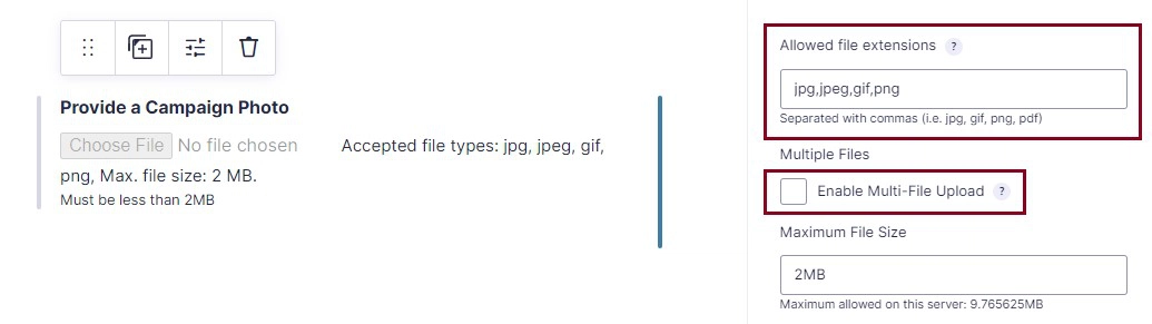 A screenshot of Provide a Campaign Photo field highlighting various fields in the settings bar