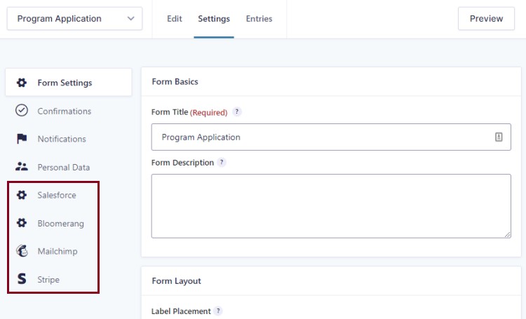 A screenshot of the form's setting page highlighting the third party  integrations on the left sidebar