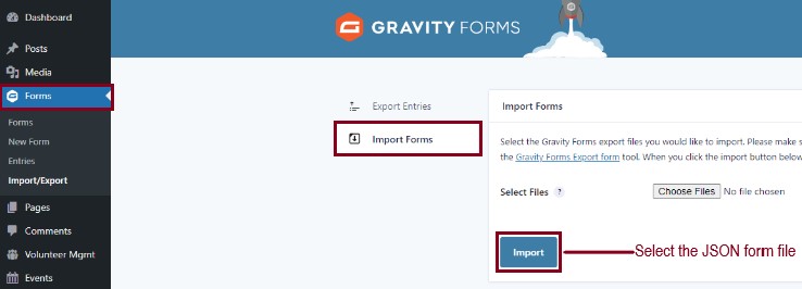 A screenshot of the Forms section in the back end of a website highlighting the Import Forms option and the Import button