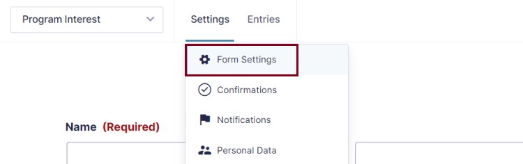A screenshot of the settings menu highlighting the Form Settings option