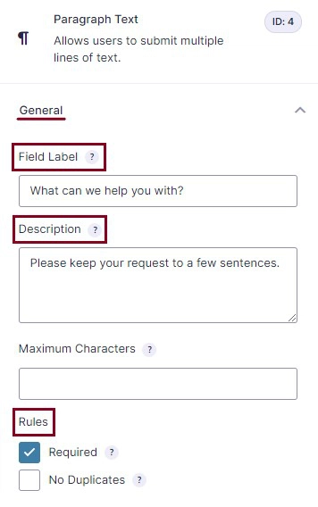 A screenshot of the form field settings highlighting the Field Label, Description and Rules 