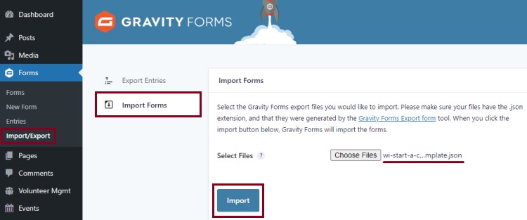 A screenshot of the Forms section highlighting the Import Forms option and Import button