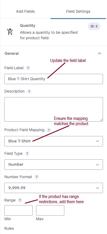 A screenshot of a product field settings page, highlighting various field labels