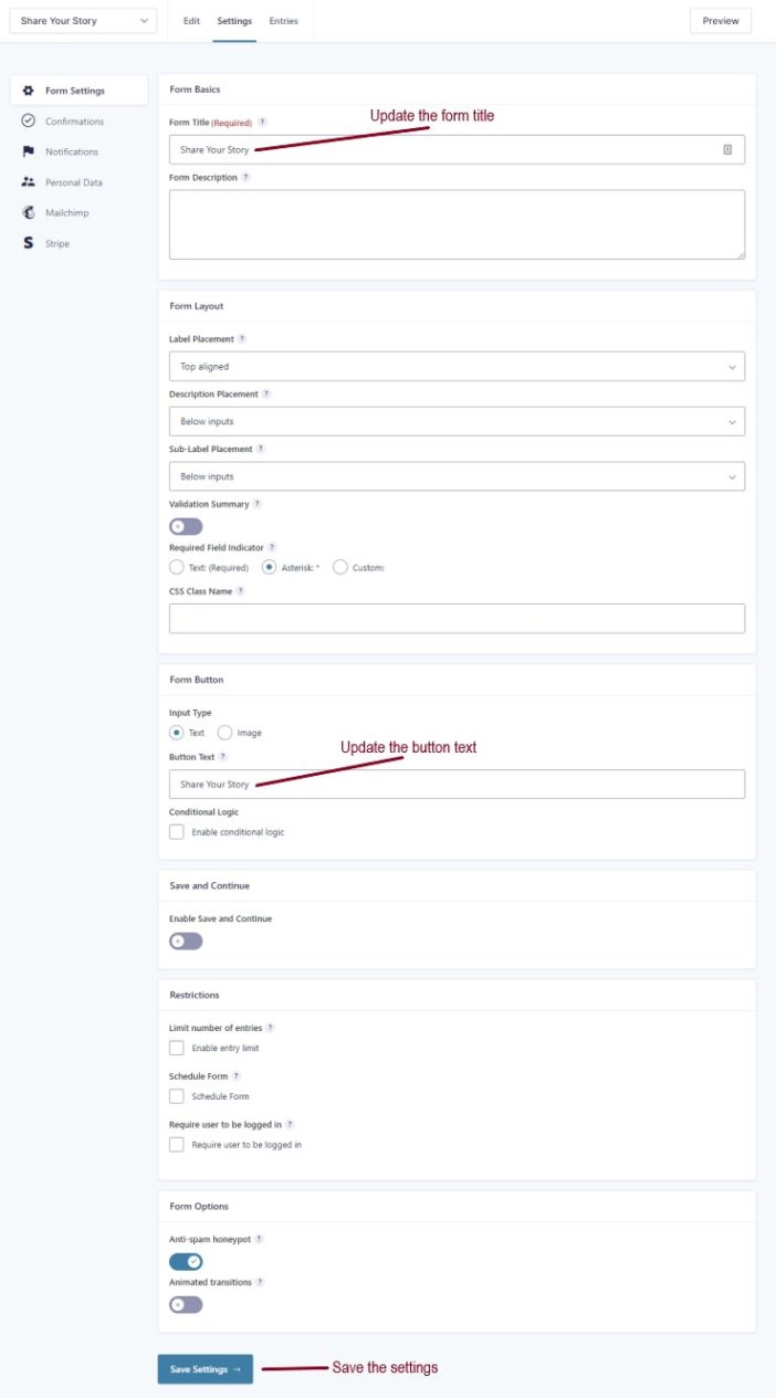 A screenshot of a form highlighting the Form Title field, Form button text field and the save settings button.