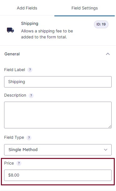 A screenshot of the field settings of a shipping field in the back end of a website