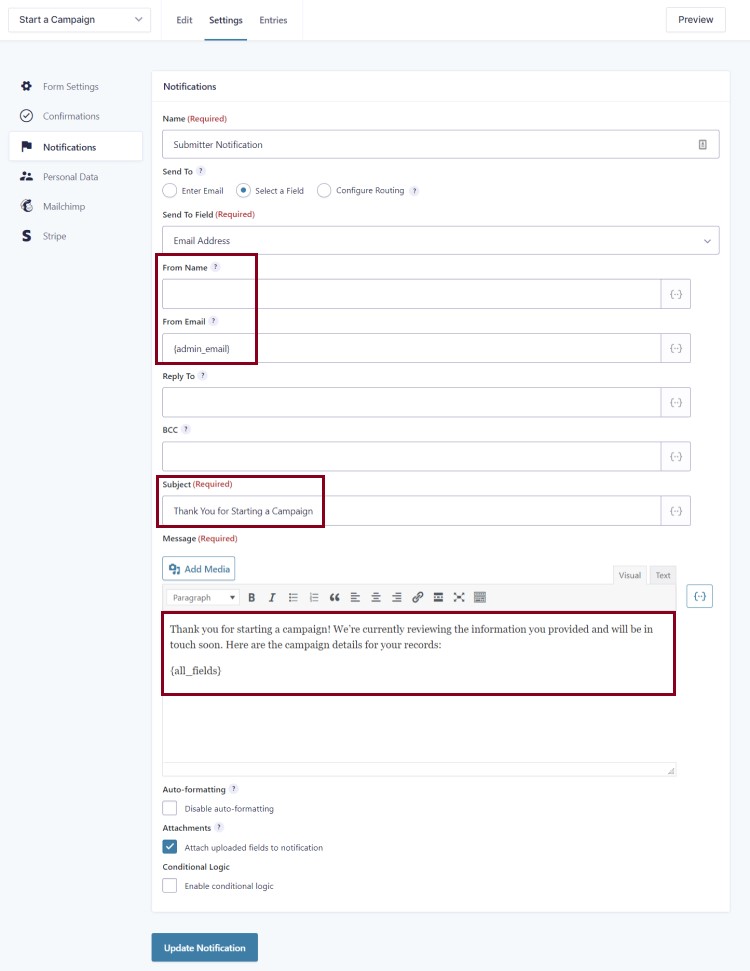 A screenshot of the Notifications settings highlighting From Name, From Email, subject and Message fields