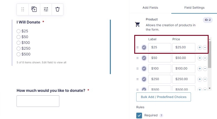 A screenshot of an I Will Donate form field highlighting one of the donation amounts in the field settings on the right-hand side bar