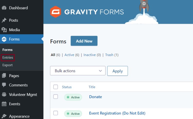 A screenshot of the forms page in the back end of a website highlighting the Entries option 