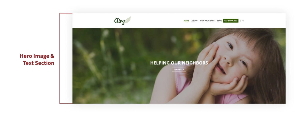 A screenshot of the Hero Image and Text Section in the homepage of the Airy  theme