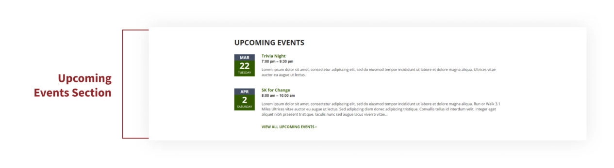 A screenshot of the Upcoming Events  Section in the homepage of the Airy theme