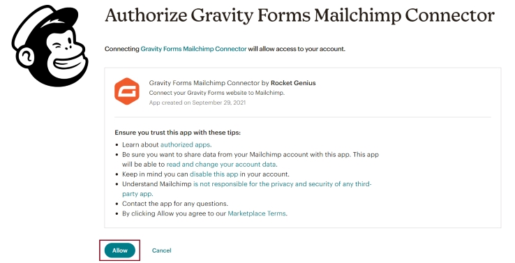 A screenshot of an authorization page for the Gravity Forms Mailchimp Connector.