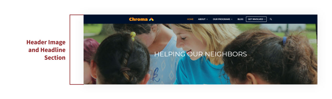 A screenshot of the Header Image and Headline Section in the homepage of the Chroma theme