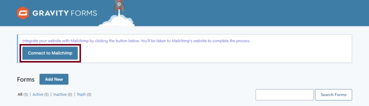 A screenshot of the forms page in the back end of website highlighting the Connect to Mailchimp button