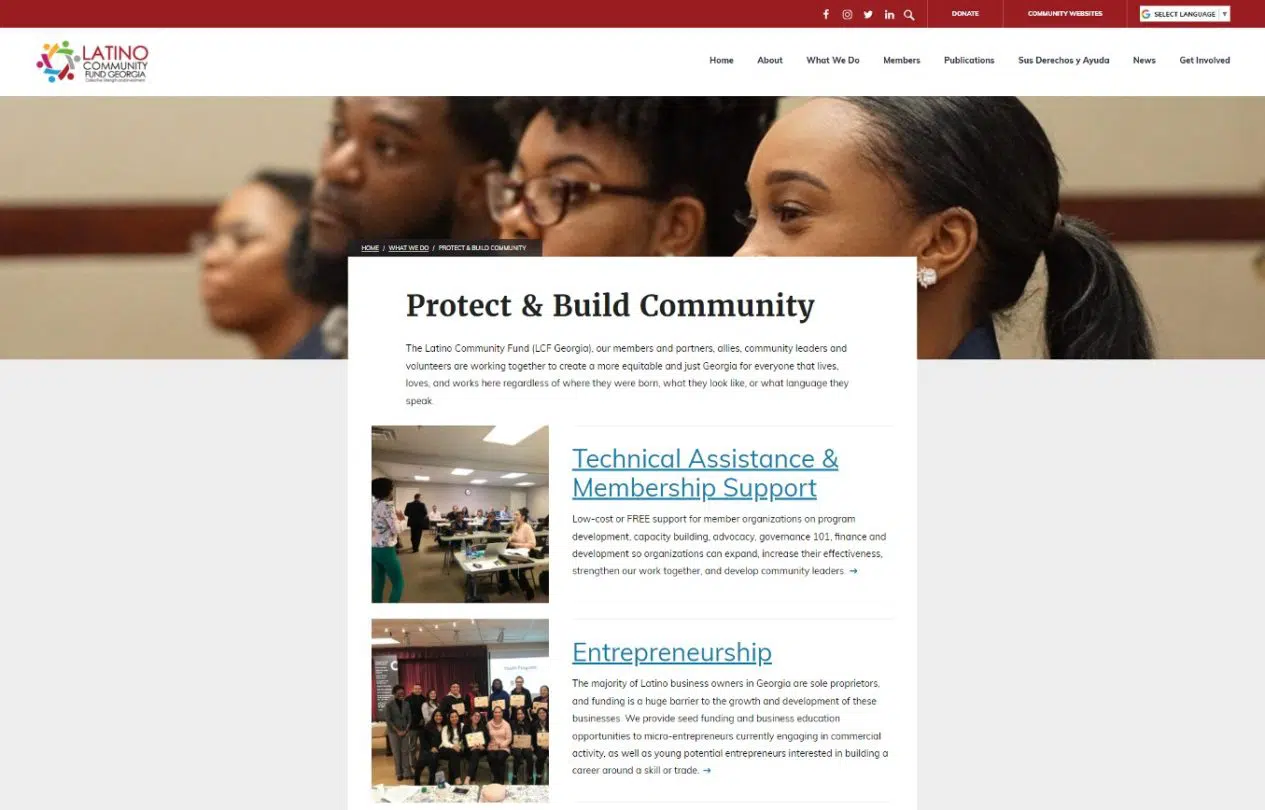 Screenshot of the Latino Community Fund Georgia website using the Vision theme