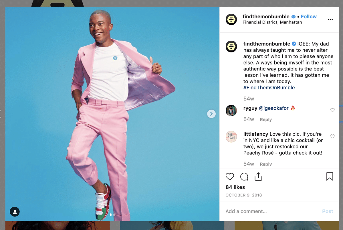 screenshot of Bumble campaign Instagram post containing a photo of happy man and a quote, "My dad has always taught me to never alter any part of who I am to please anyone else."